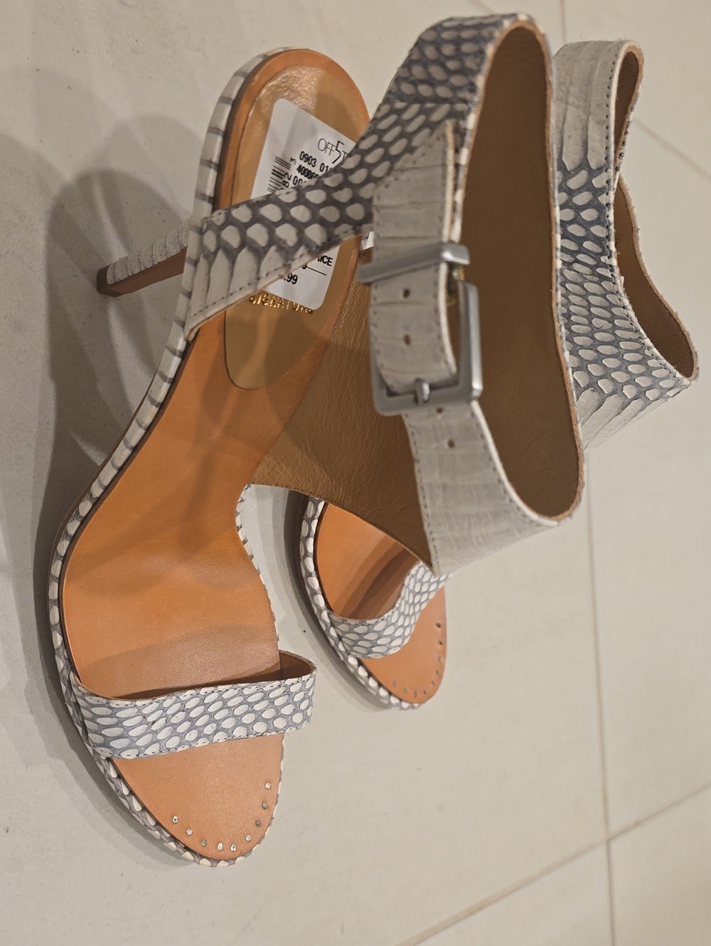 Vince Camuto White Gray Snake-Print Stiletto Sandals